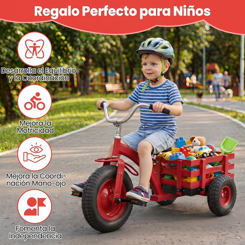 Triciclo Infantil, 117 x 55 x 68 cm, Assento e Guiador Ajustáveis, Vermelho