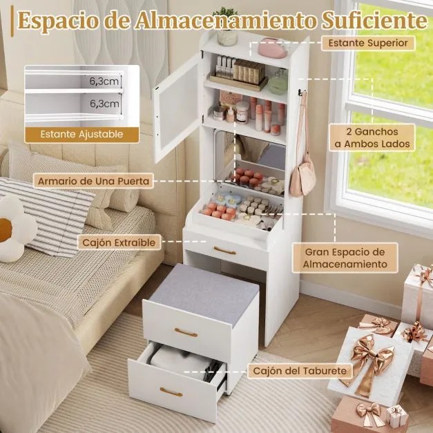 Toucador com espelho rebatível com gavetas e armário com espaço de armazenamento branca