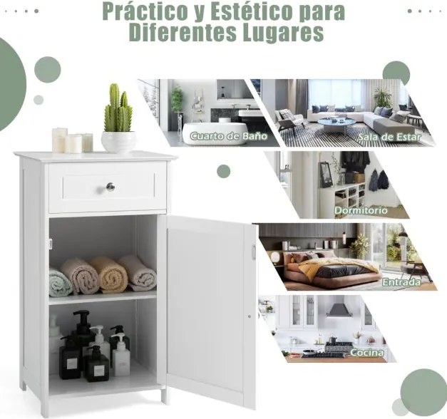 Armário de casa de banho com porta Estante ajustável Gaveta 43 x 34 x 77 cm Branco