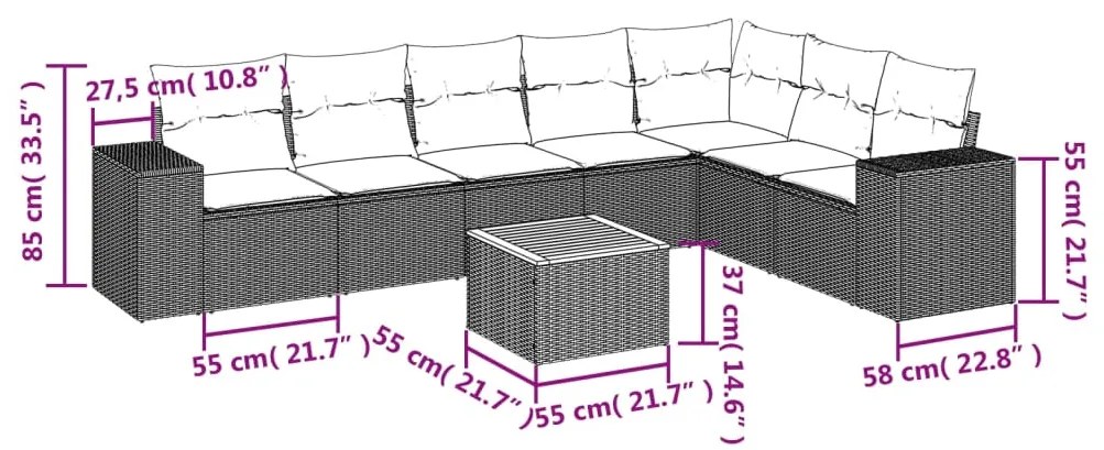 8 pcs conjunto sofás de jardim com almofadões vime PE preto