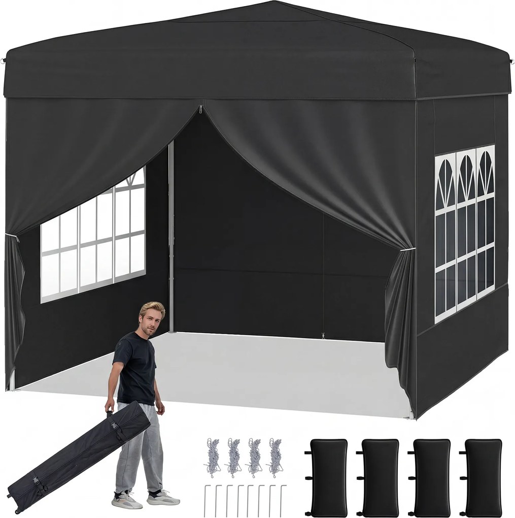 Tenda jardim, feiras, eventos Pop-up Dobrável 290 x 290 cm com 4 paredes laterais removíveis e altura ajustável Preta