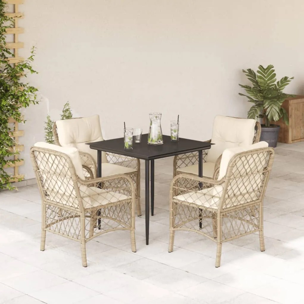vidaXL 5 pcs conjunto de jantar p/ jardim com almofadões vime PE bege