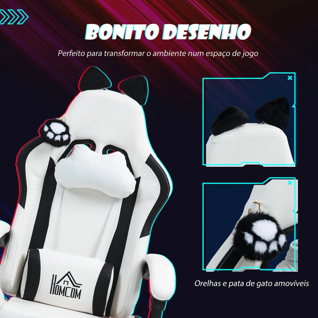Cadeira Gaming com Orelhas Cadeira Gamer Reclinável com Altura Ajustável e Suporte Lombar 65x62x116-124 cm Branco