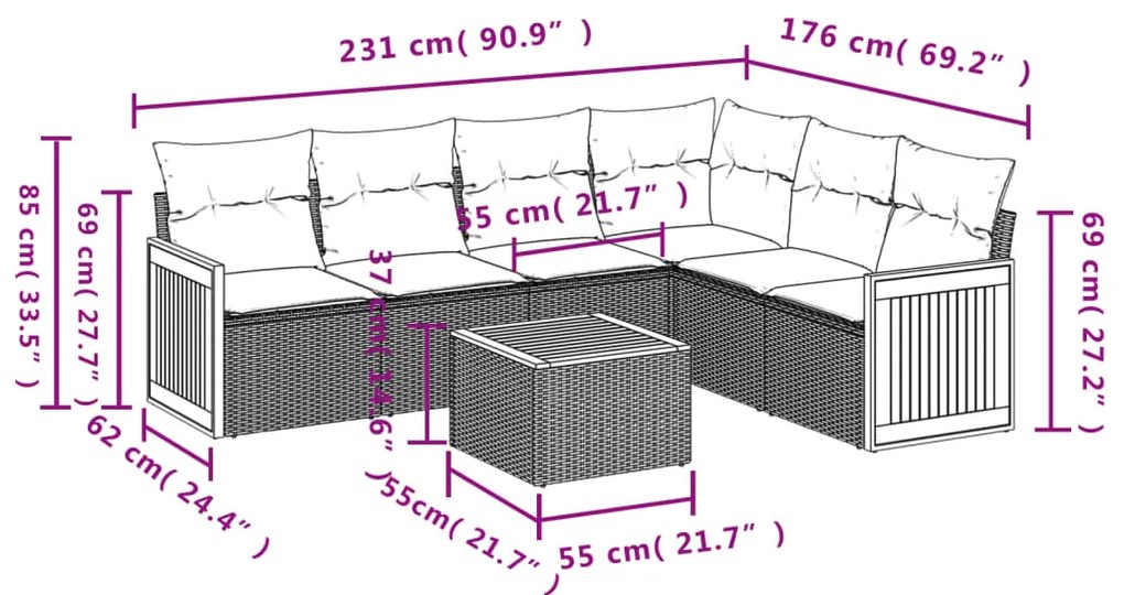 7 pcs conjunto de sofás p/ jardim c/ almofadões vime PE preto