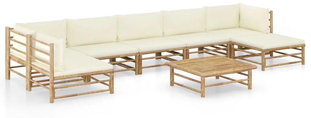 8 pcs conj. lounge p/ jardim em bambu c/ almofadões branco nata