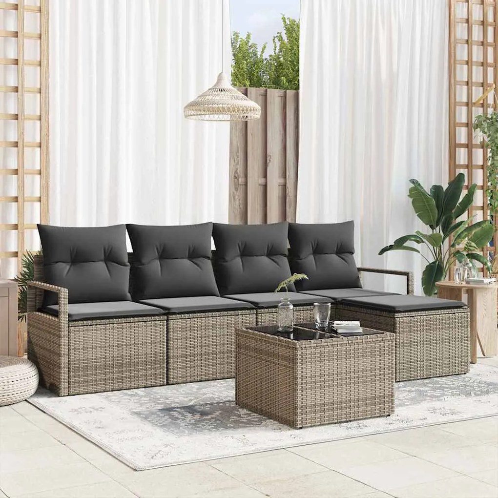 vidaXL Conjunto de Sofás de Jardim de 5 Peças com Almofadas em Rattan Poliéster Preto