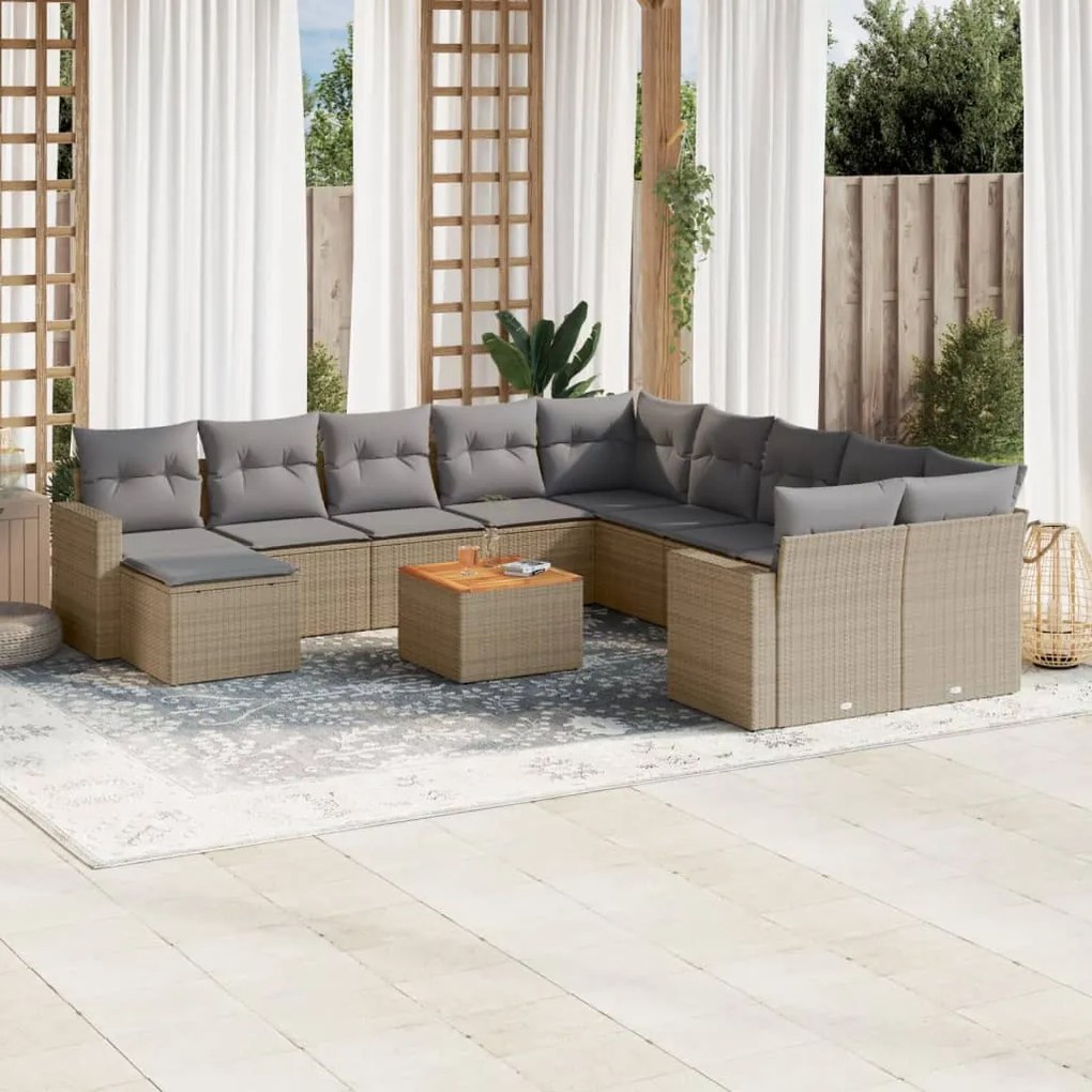 12 pcs conj. sofás jardim c/ almofadões vime PE bege misturado
