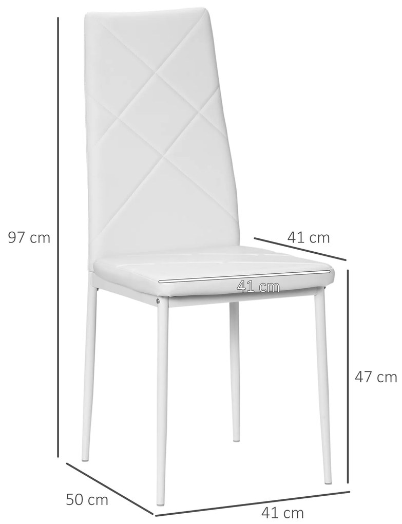 HOMCOM Conjunto de 4 Cadeiras de Sala de Jantar Estofadas em Couro Sintético Cadeiras de Cozinha com Encosto Alto e Pés de Aço Carga Máxima 120kg 41x50x97cm Branco