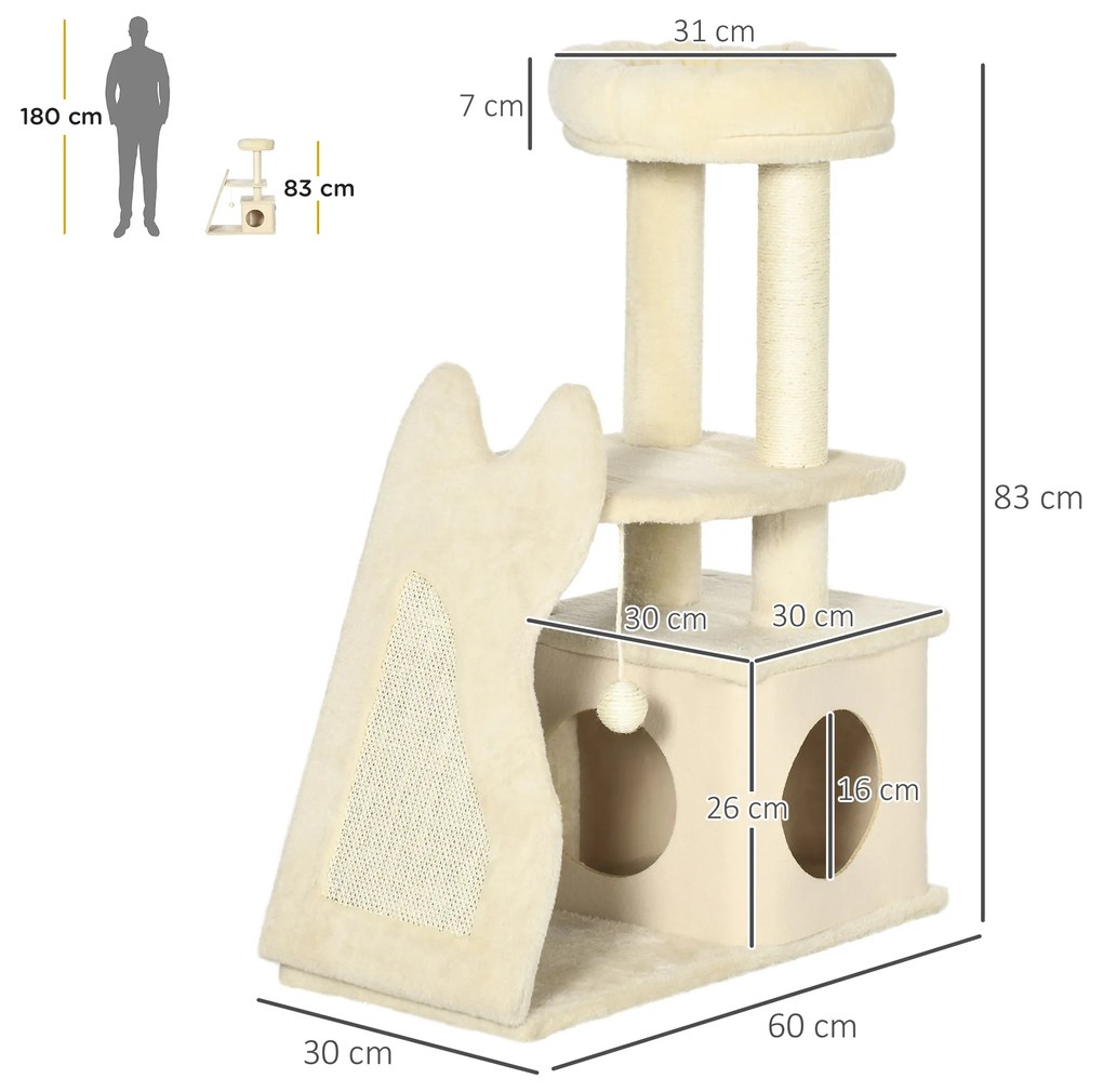 Árvore Arranhador para Gatos Pequenos Altura 83cm Torre para Gatos com Cama Caverna Plataforma Bola Suspensa Postes e Rampa de Sisal 60x30x83cm Bege