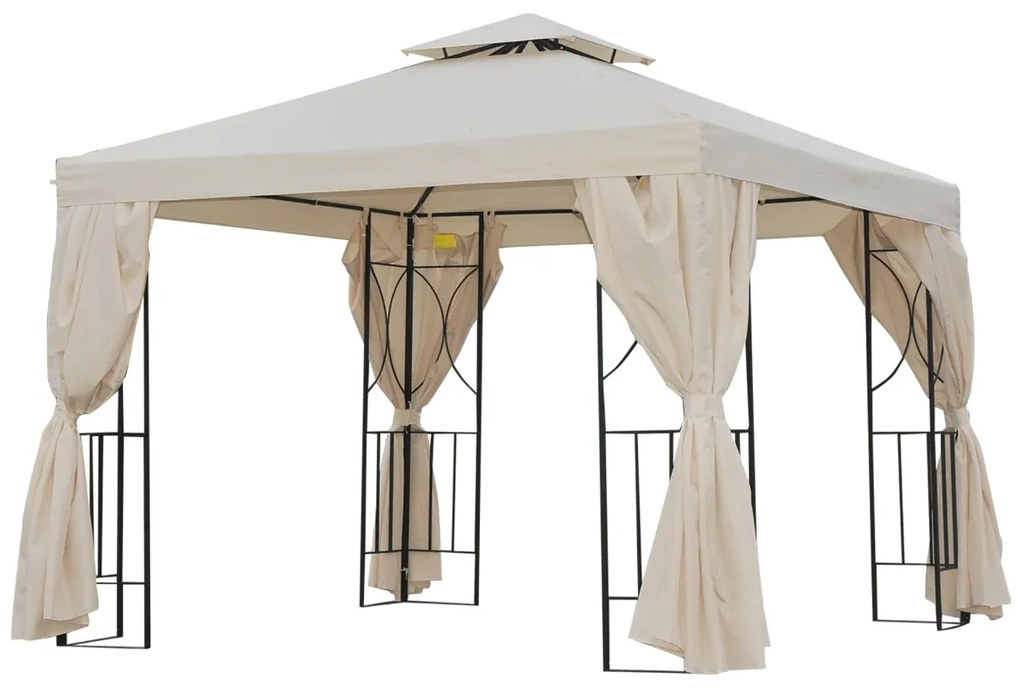 Gazebo de jardim Pavilhão de 3 x 3 m com 4 cortinas laterais removíveis com zíper, 8 orifícios de drenagem e telhado duplo bege