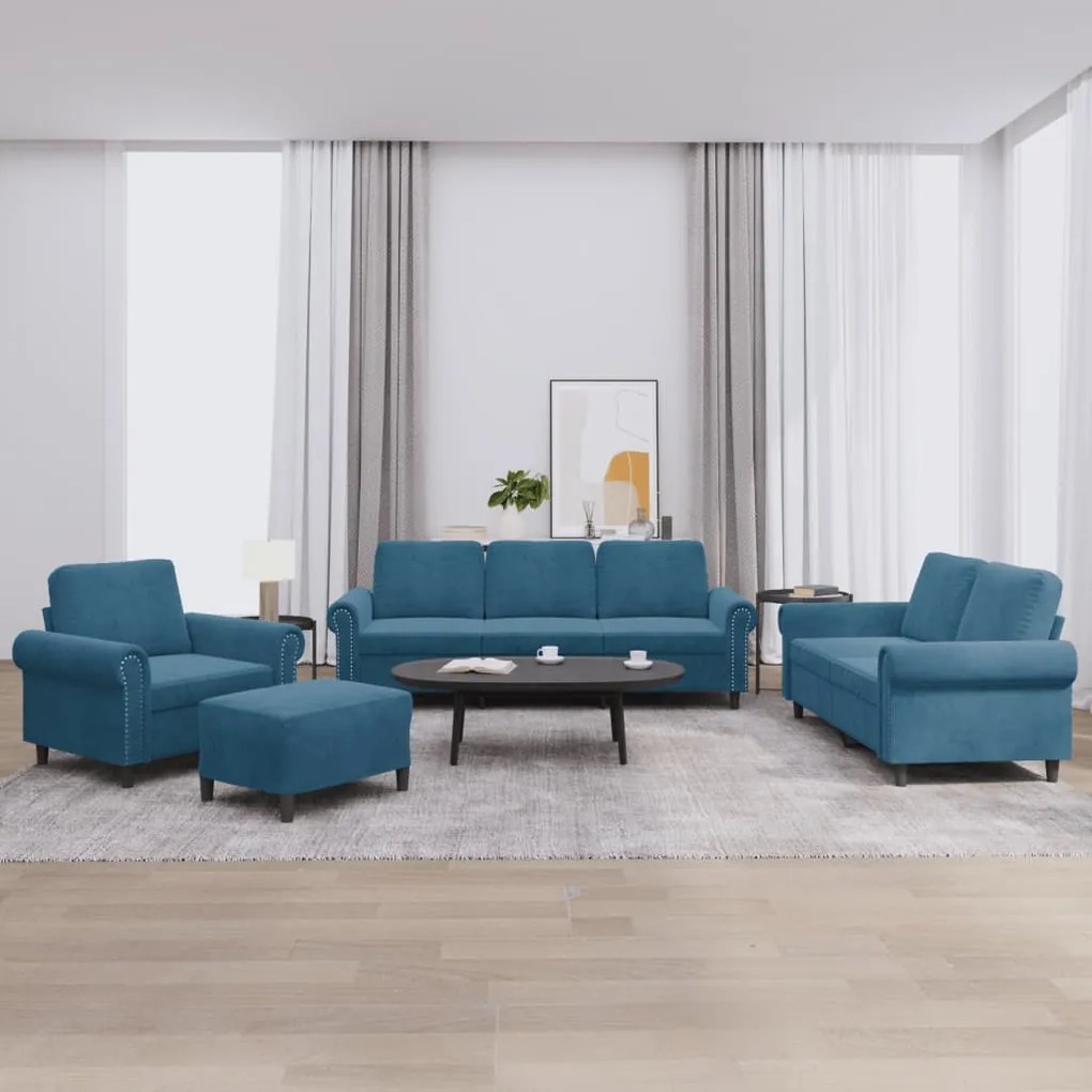 vidaXL 4 pcs conjunto de sofás com almofadões veludo azul