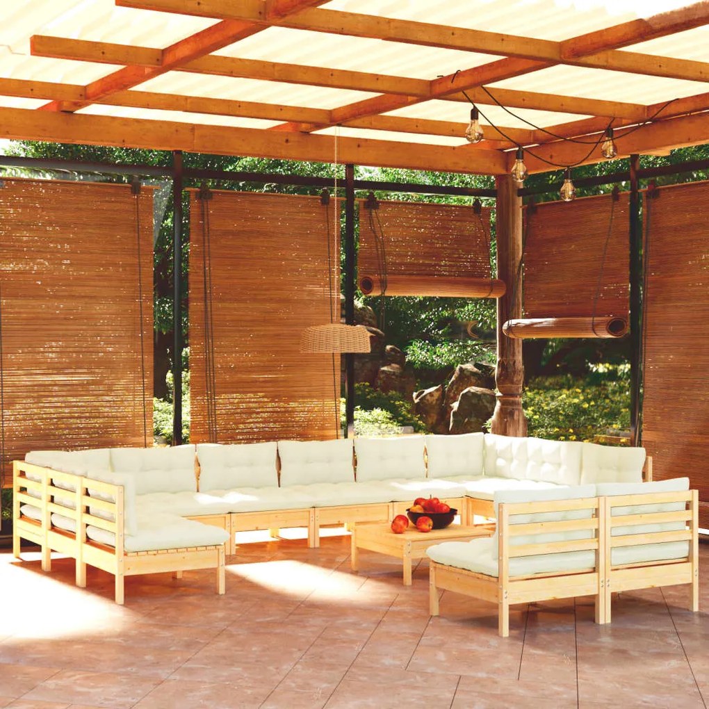 vidaXL 13 pcs conjunto lounge jardim c/ almofadões creme pinho maciço