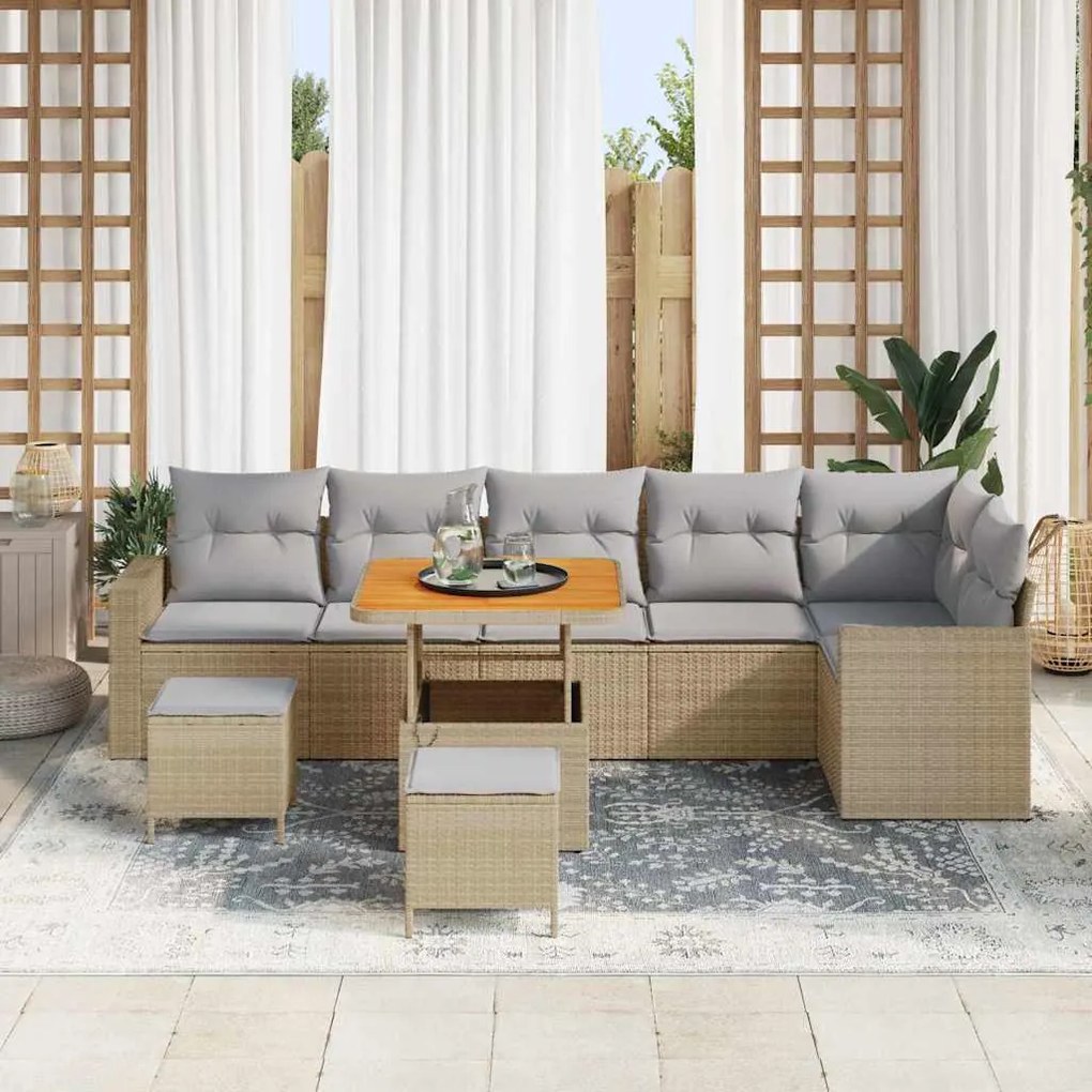 Conjunto de Sofá de Jardim com 9 Peças e Almofadas Bege em Poly Rattan