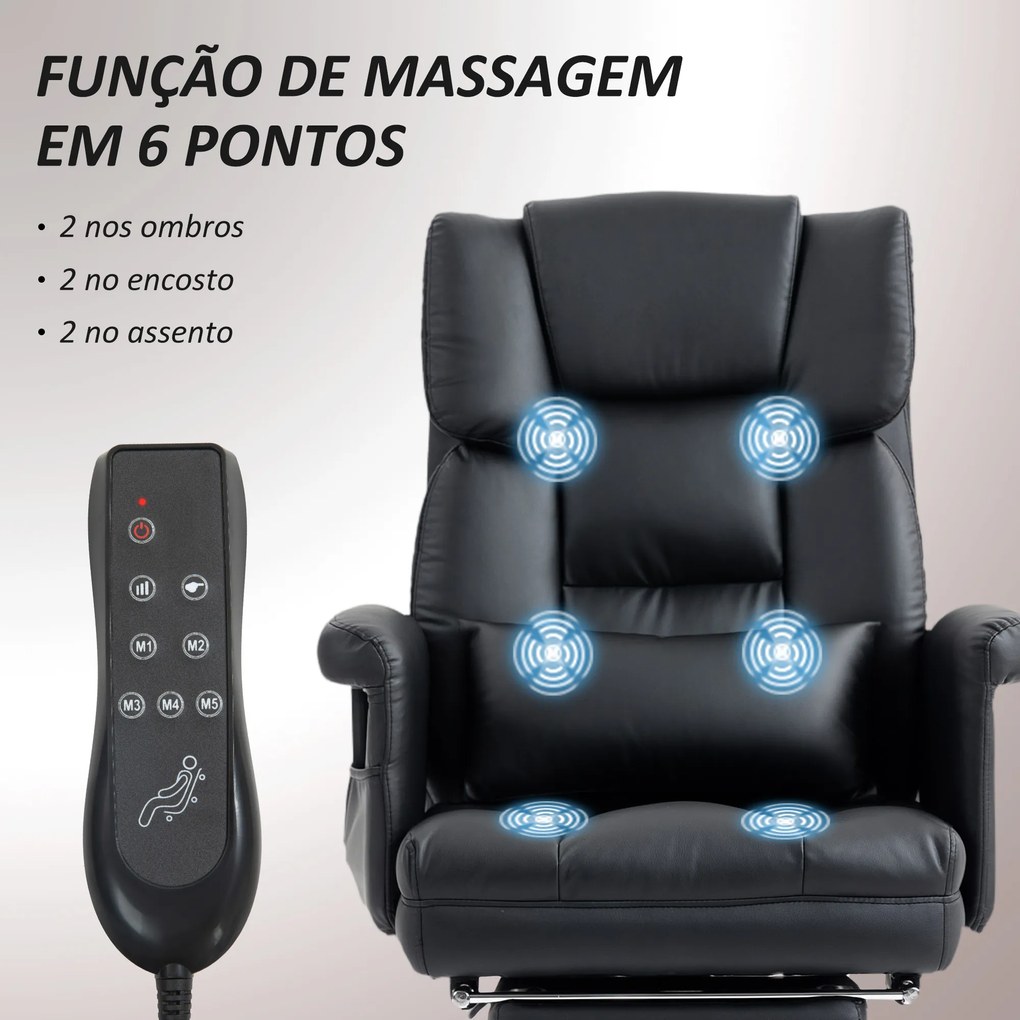 Cadeira de Escritório com Massagem em 6 Pontos Apoio para os Pés Retrátil Controlo Remoto e Suporte Lombar 69x65x115 cm Preto