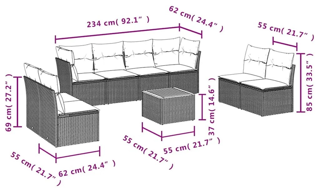 9 pcs conjunto sofás p/ jardim c/ almofadões vime PE cinzento