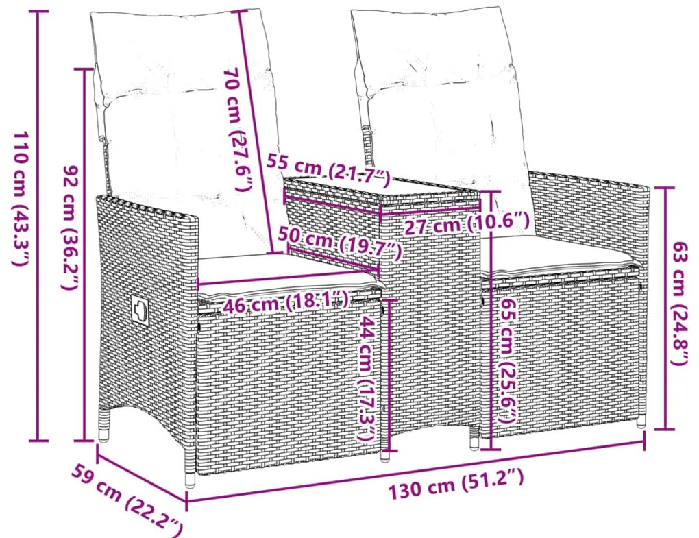 Sofá de jardim reclinável 2 lugares com mesa vime PE cinzento