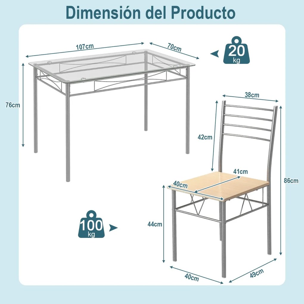 Conjunto Jantar com 1 mesa retangular de vidro e 4 cadeiras com estrutura metálica anti-ferrugem