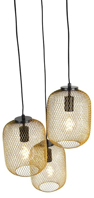 Candeeiro suspenso Art Déco ouro 45 cm 3 luzes - Bliss Mesh Industrial