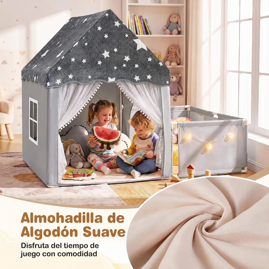 Casa de Jogos Infantil 2 em 1, 169 x 120 x 136 cm, Teto Fluorescente, Cinzento
