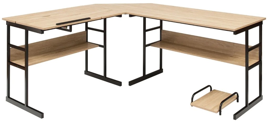 Secretária de canto moderna em forma de L 170 x 150 x 75 cm Mesa de desenho inclinável com prateleira inferior Estrutura em metal natural