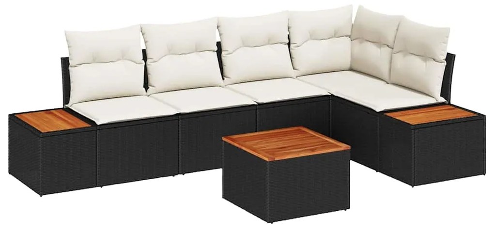 Conjunto de Sofá de Jardim 6 Peças com Almofadas Preto Rattan e Acácia