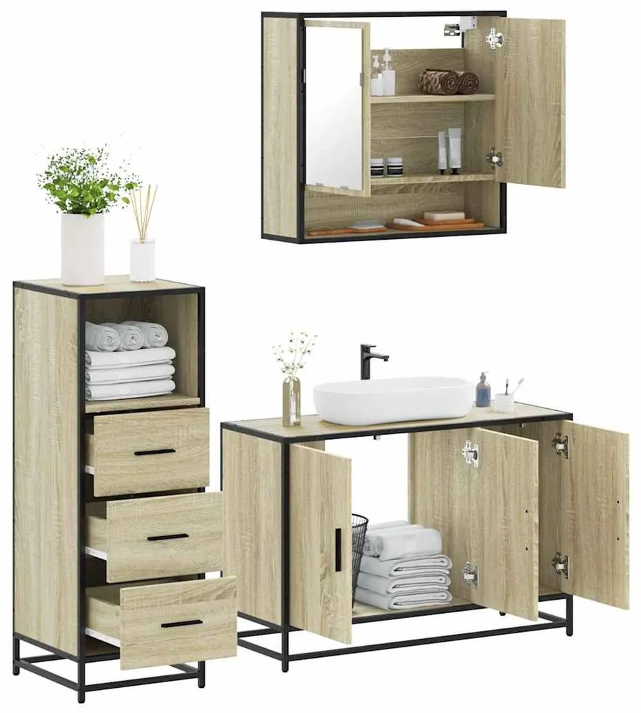 vidaXL 3 pcs conj. móveis casa banho derivados madeira carvalho sonoma