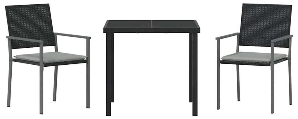 Conjunto de Jantar de Jardim 3 Peças com Almofadas Preto Rattan Poliés