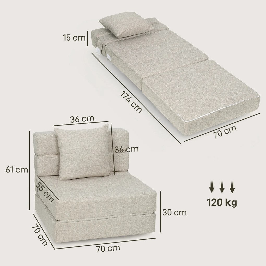 Poltrona-sofá-cama convertível de 1 lugar com 1 almofada com capa removível, tecido bege