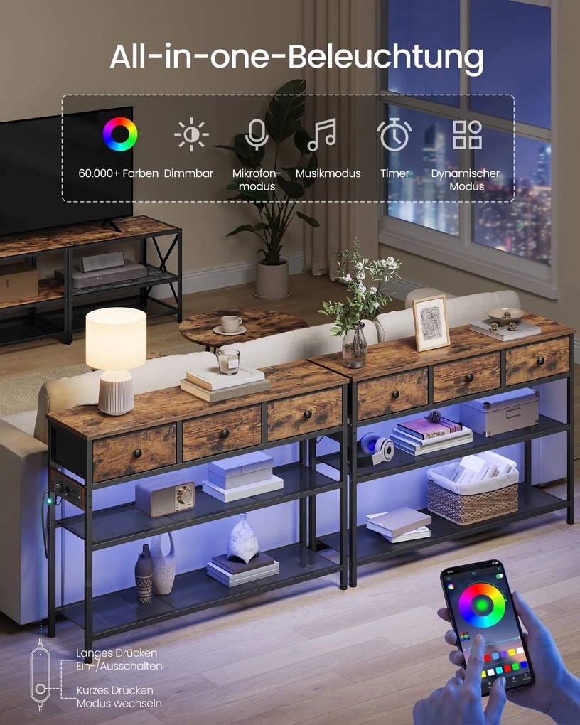 Mesa consola com luz led 98,8 x 30 x 78,7 cm, 3 gavetas castanha vintage