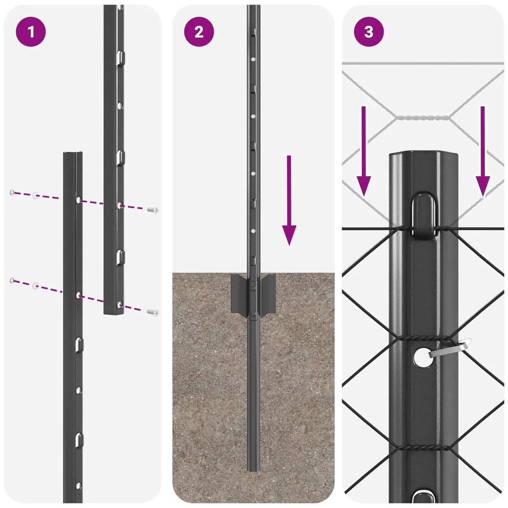 Postes de Cerca vidaXL 22 pcs U-Channel Cinza 140 cm Aço, Cerca Hexago