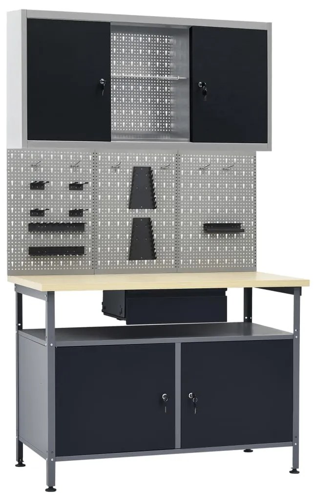 vidaXL Bancada de trabalho com três painéis de parede e um armário