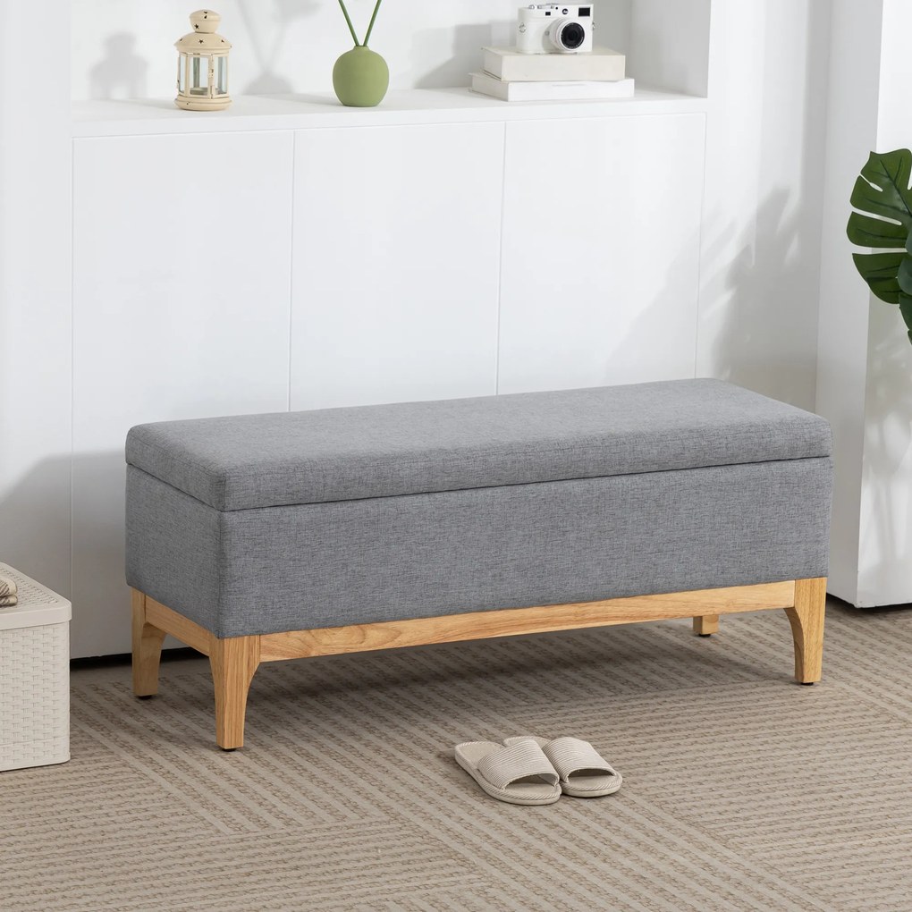 Banco com arrumação, baú com tampa removível em estilo escandinavo, em tecido de linho, 110 x 39 x 45 cm, cinzento