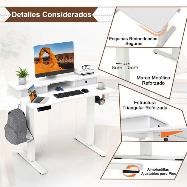 Secretária elétrica com pé 100 x 60 cm com 2 gavetas, altura ajustável e suporte para monitor Branca