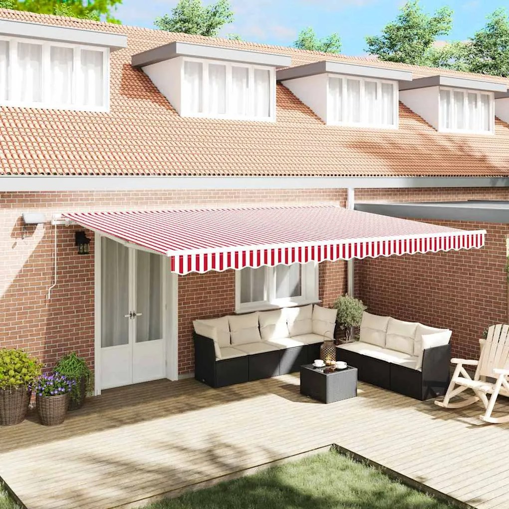 vidaXL Toldo Retrátil Vermelho e Branco 500 × 350 cm Tecido e Aço