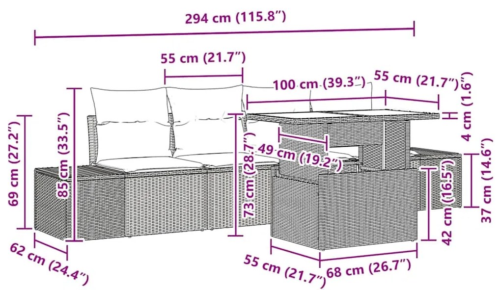 Conjunto de Sofás de Jardim com 5 Peças e Almofadas Cinza Claro