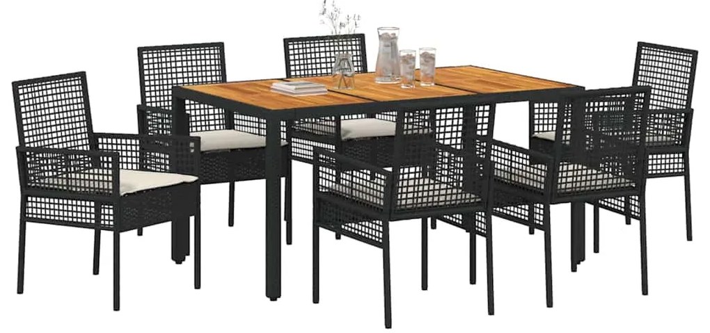 Conjunto de Jantar de Jardim de 7 Peças com Almofadas Preto Rattan Sin