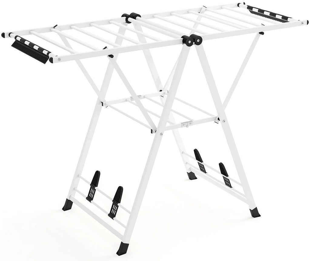 Estendal dobrável 141 x 56 x 99–148 cm com braços ajustáveis, pinças para meias e prateleira para sapatos, estendal para roupa, cor branca