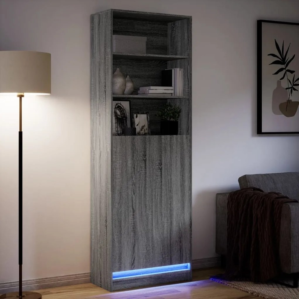 Armário alto com luzes LED derivados de madeira cinzento sonoma
