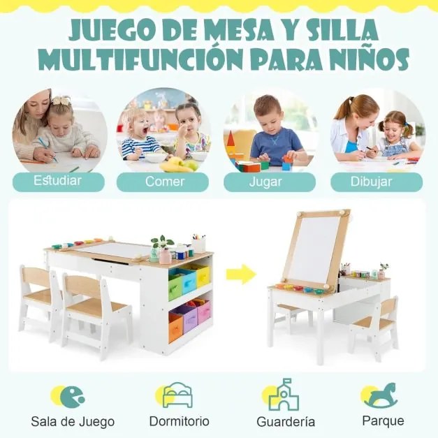 Conjunto de mesa e 2 cadeiras com cavalete para desenho, com copos para tinta e rolo de papel natural