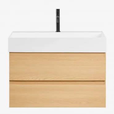 Conjunto De Móvel De Casa De Banho Suspenso Em Madeira E Folha De Freixo Com Lavatório Integrado Ona Madeira Natural & Sem Espelho & Preto - Sklum
