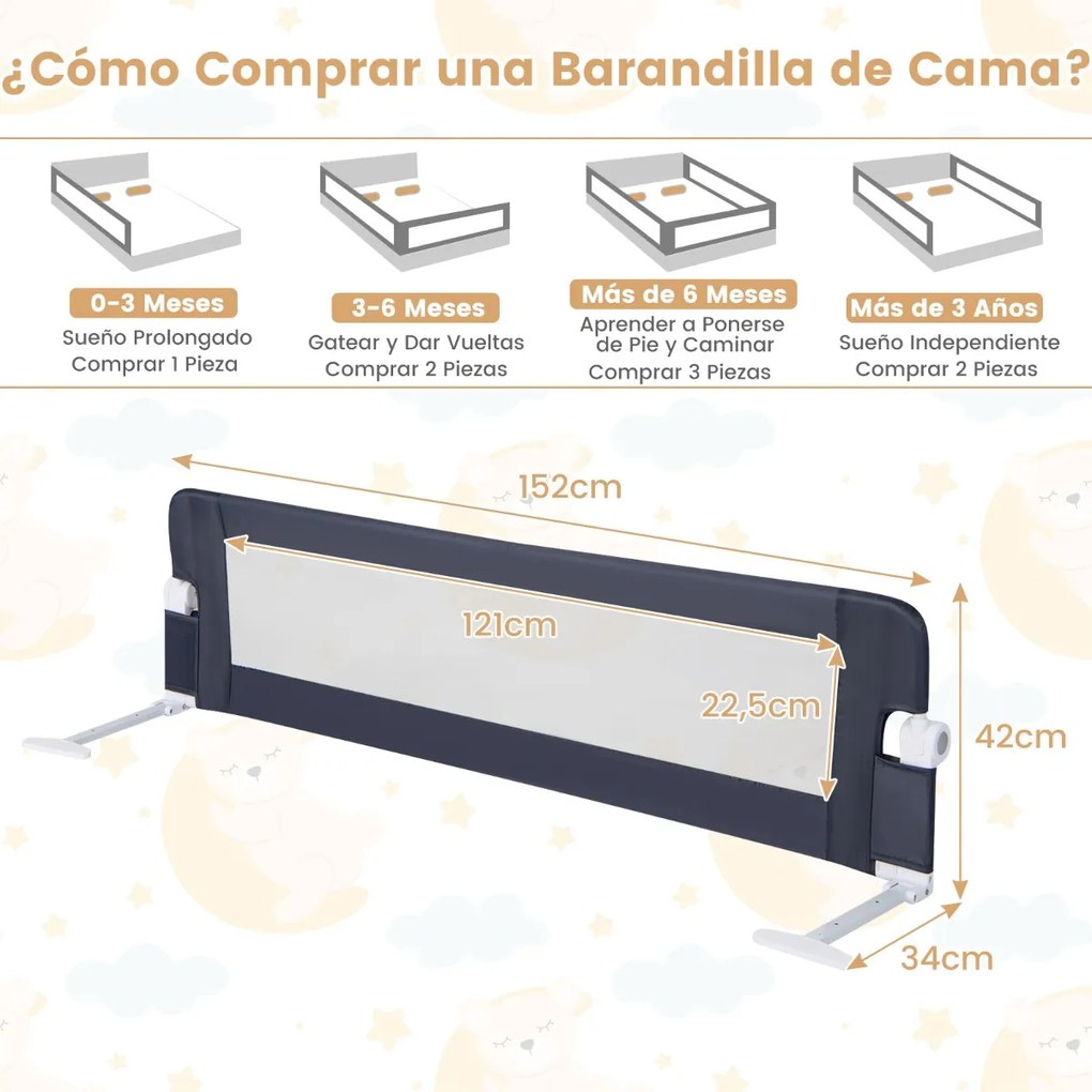 Grade segurança Bebes para camas dobrável de 152 CM com correia de segurança ajustável universal para camas de solteiro ou de casal Cinzenta