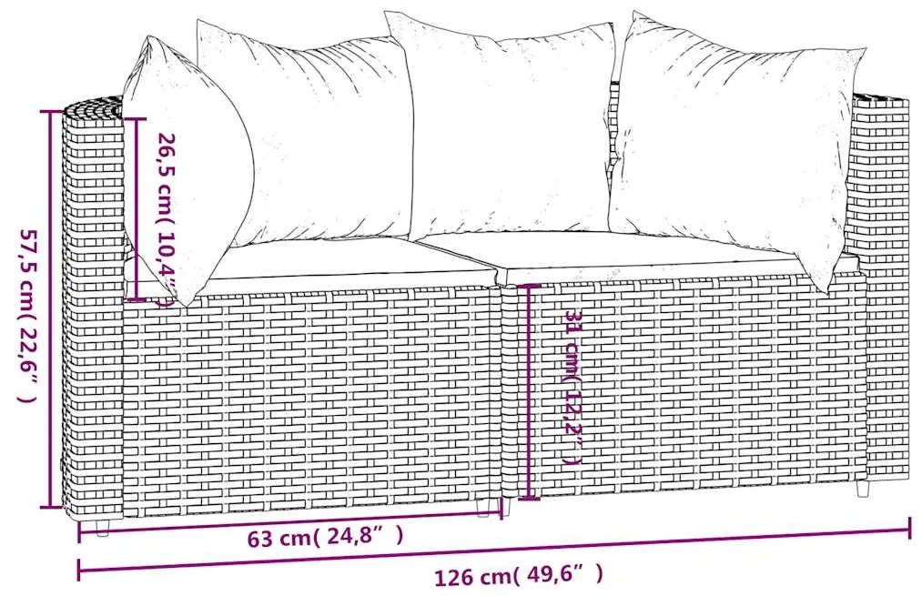 Sofás de canto para jardim com almofadões 2pcs vime PE castanho