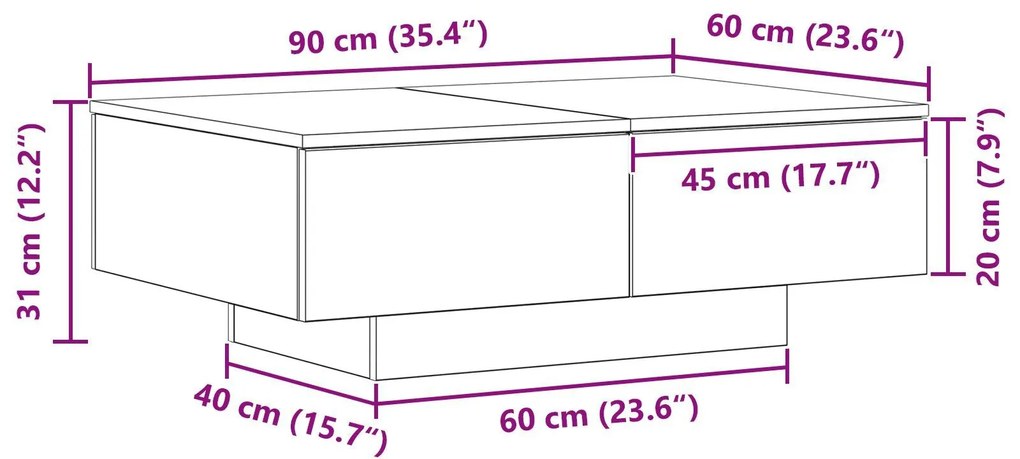 Mesa de Centro vidaXL em Madeira de Carvalho Preto 90x60x31 cm