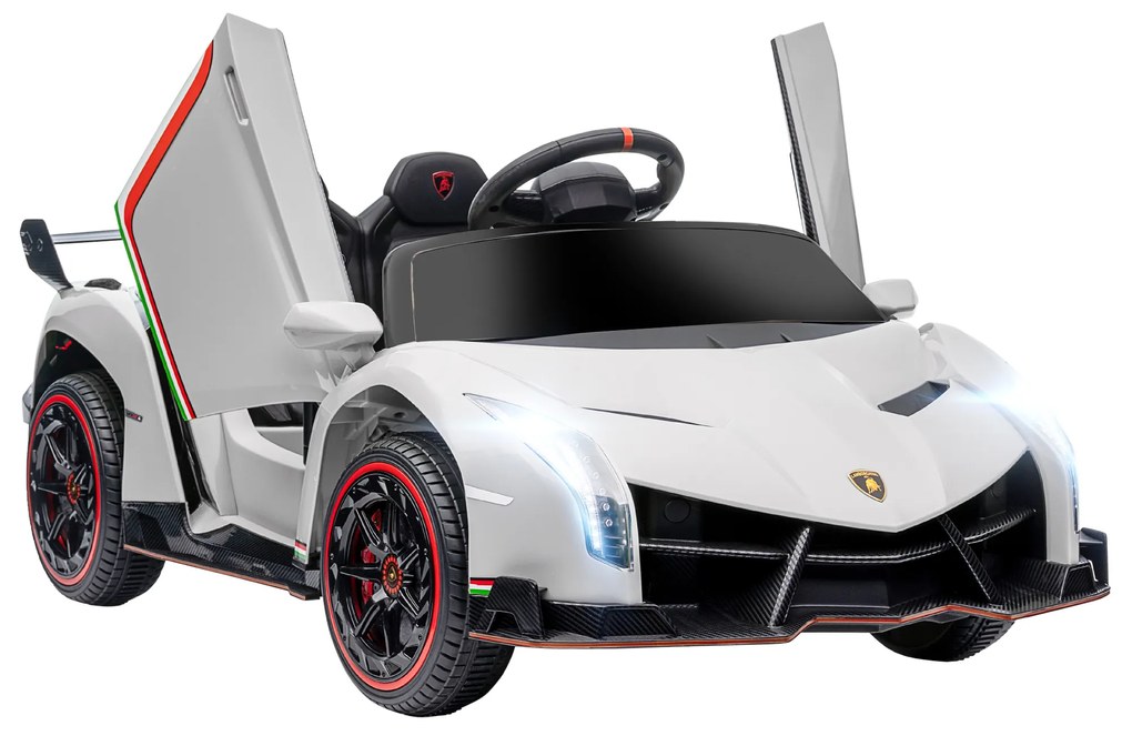 HOMCOM Carro Elétrico Lamborghini 12V Velocidade Máxima 7 km/h com Controlo Remoto MP3 Luzes e Cinto de Segurança 111x61x45 cm Branco | Aosom Portugal