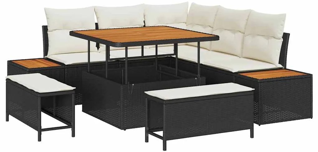 Conjunto de Sofá de Jardim de 8 Peças com Almofadas Rattan Preto Acáci