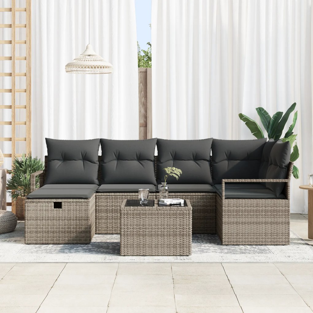 Conjunto de Sofá de Jardim vidaXL de 7 Peças com Almofadas Cinzento Po