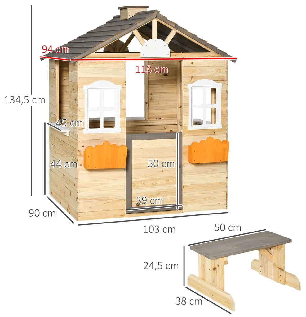 Casa de Jardim de Madeira para Crianças de 3-7 Anos com Janelas 2 Floreiras e 1 Banco 113x94x134,5 cm Madeira