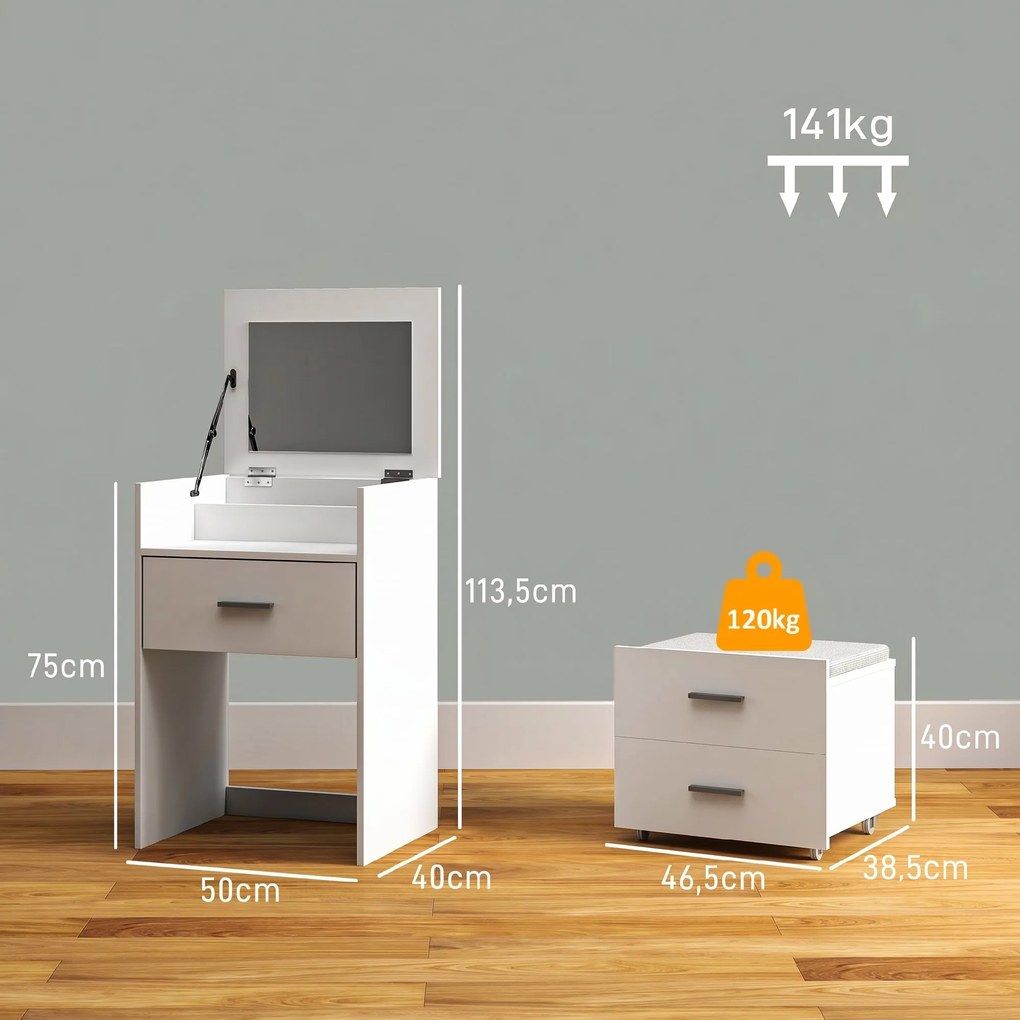 Conjunto de Toucador e Banco com Rodas, 50 x 40 x 113,5 cm, Espelho Rebatível, Branco