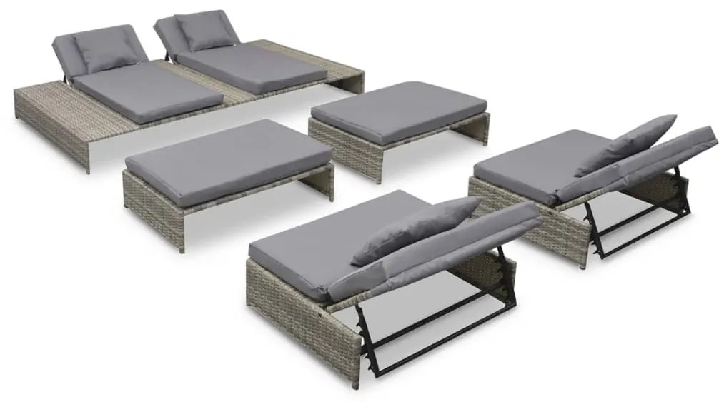 5 pcs conjunto lounge de jardim c/ almofadões vime PE cinzento