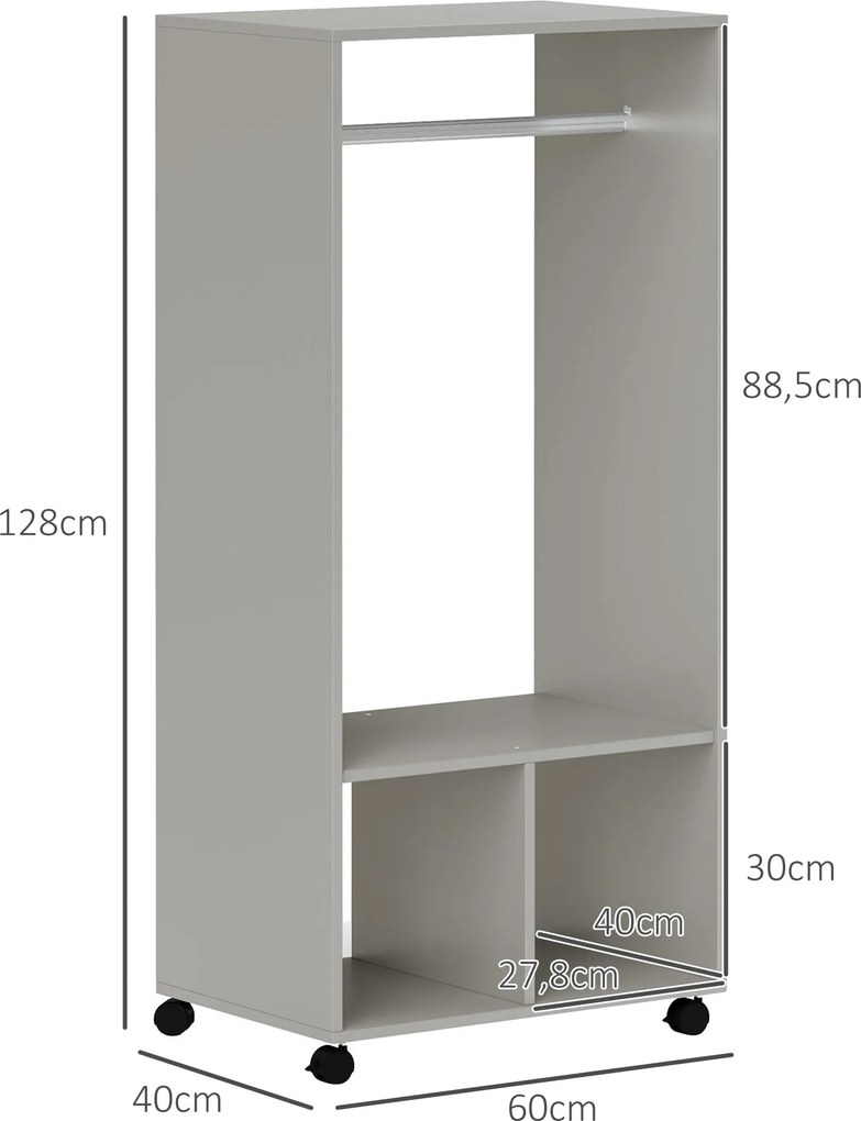 Guarda roupa aberto com prateleiras 60 x 40 x 128 cm, 2 compartimentos abertos para cabides, 4 rodas giratórias, cinzento